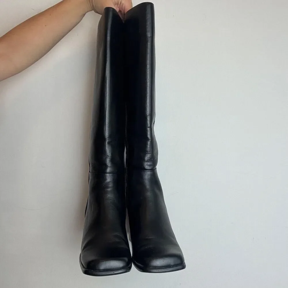 Bass Vintage 90s Y2K Black Leather Square Toe and Block Heel Knee High Boots